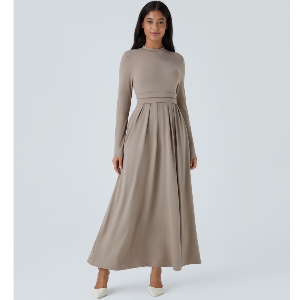 Halara Taupe Long Sleeve Pleated Maxi Dress with Pockets Size L New with Tags